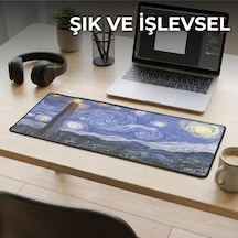 Van Gogh Yıldızlı Gece Temalı Xl Mousepad 70x30 Cm Büyük Boy Masa Matı Çift Dikişli Kenarlar, Kaymaz Taban, Oyuncu Ve Ofis Kullanım, Fütüristik Yıldızlı Gece