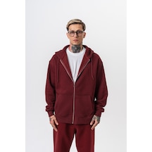 Erkek Respire Yazı Detaylı Kapüşonlu Basic Zip Oversize Hoodie Bordo