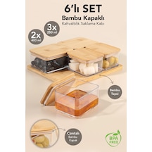 6 Parça Bambu Kapaklı Kahvaltı Saklama Kabı - Bambu Tepsili Hava Almaz Vakum Kapak Kahvaltılık Set Bej