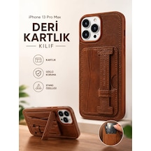 İphone 13 Pro Max Uyumlu Deri Kartlıklı Standlı Kılıf Kahverengi