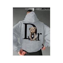 Herkesemoda Arka Ayı Baskı Detaylı İçi Polarlı Kapüşonlu Sweatshirt Gri