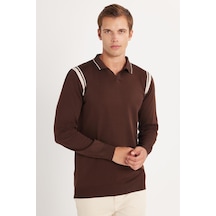 Tudors Erkek Slim Fit Dar Kesim Uzun Kol Polo Yaka Çizgili Kahverengi Kazak-35789 Kahverengi