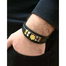 Deri Ve Çelik Mixli Dümen Figürlü 3 Lü Erkek Bileklik 21 Cm Altın - Siyah