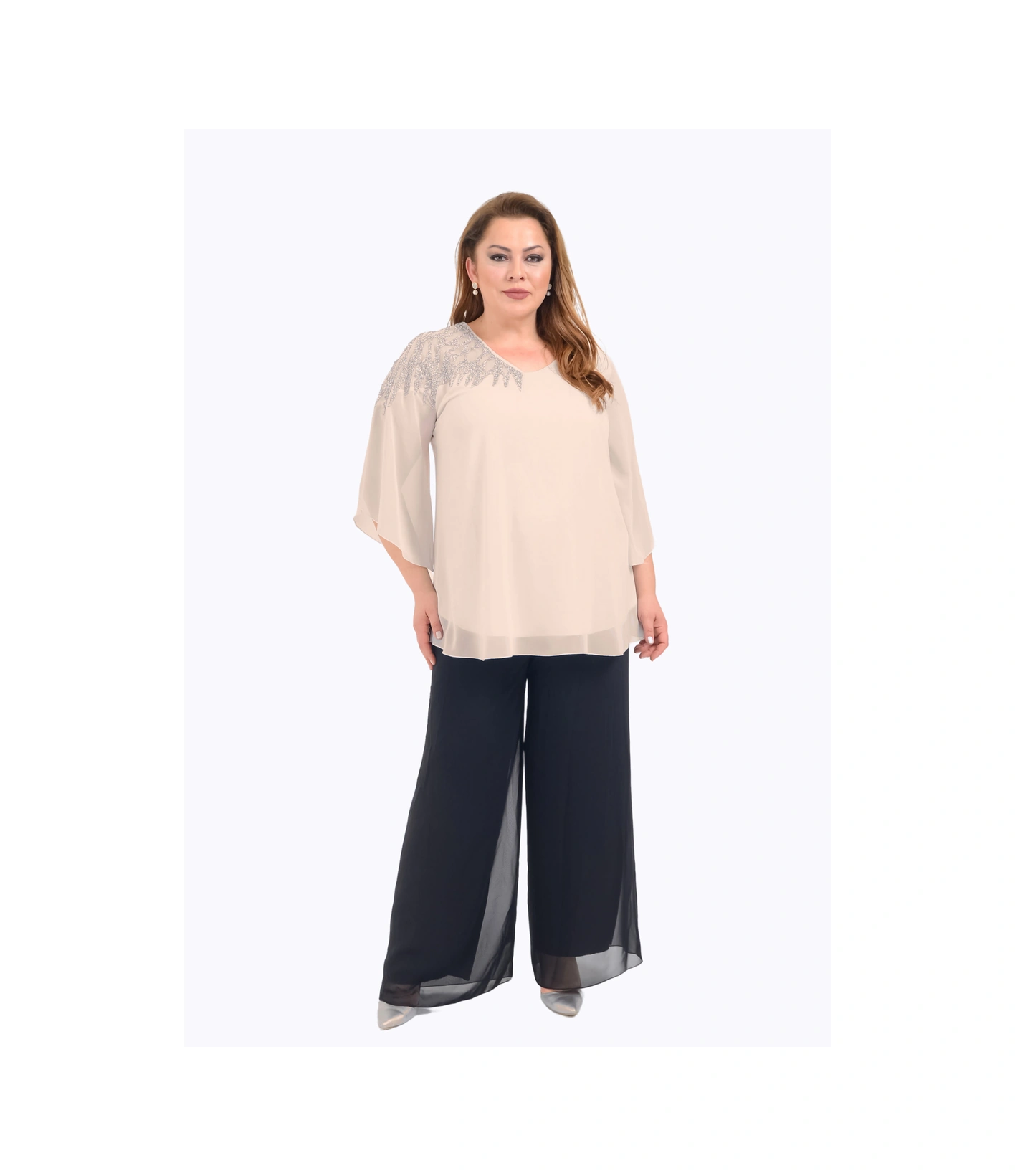 Lilas Xxl Büyük Beden Bej Renkli Şifon V Yaka Abiye Bluz Bej