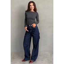 Koyu Lacivert Kargo Kemer Detaylı Baggy Kadın Jean Mg2874