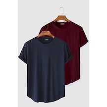 2'li Erkek Lacivert-bordo Kolları Katlı Oval Kesim Cepsiz Bisiklet Yaka T-shirt Lacivert-bordo