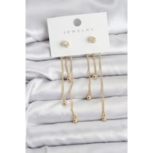 Topçuk Model Gold Renk Pirinç Sallantılı Kadın Küpe Seti Çok Renkli