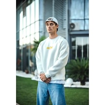 Assema Erkek Üç İplik Pamuklu Kışlık Bisiklet Yaka Baskılı Sweatshirt - Beyaz Çok Renkli