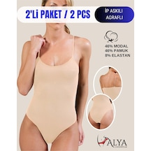 Alya Underwear Kadın Ip Askılı Çıtçıtlı Body, Modal - Pamuk Karışımlı, Kancalı , 2'li Paket, Siyah Ten Bej