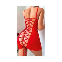 Lily Bianca Nightwear Transparan Elbise Ve Tangalı Arka Tarafı Bağcıklı Fantezi Kostüm Kırmızı