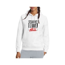 Lucifer Straight Outta Hell Baskılı Beyaz Kadın Kapşonlu Sweatsh