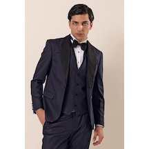 İmza Koyu Lacivert Desenli Çıkarılabilir Şal Yaka Yelekli 6 Drop Slim Fit Smokin Damatlık Takım 1001230203-Lacivert