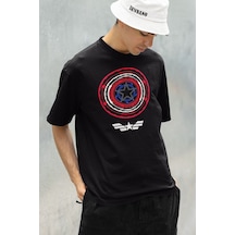 Özel Tasarım Kaptan Amerika Kalkan Baskılı Unisex Oversize Marvel Siyah