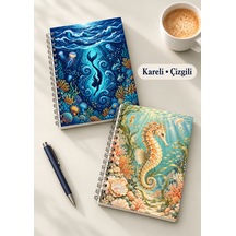Masalsı Deniz Altı Su Altı Bahçesi Temalı 2'li Set A5 Metal Spiralli Çizgili-kareli Karton Kapak Masalsı Deniz Altı Su Altı Bahçesi Temalı 2'li Set A5 Çizgili-kareli Defter