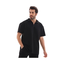 Erkek Yarım Fermuarlı Düz Oversize T-shirt - Siyah