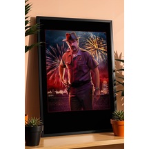 Stranger Things Jim Hopper Tasarım Çerçeveli Tablo - Emniyet Müdürü Retro Sanatsal Duvar Dekoru Siyah