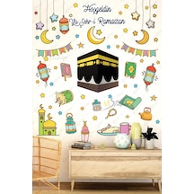 Ramazan Ayı Temalı Süsleme, Kabe Ve Ramazan Figürleri Cam Duvar Sticker Seti R5 Çok Renkli