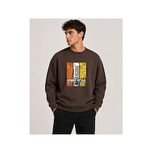 Herkesemoda Exceed Baskı Detaylı Bisiklet Yaka Şardonlu 2 İplik Sweatshirt Kahverengi