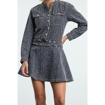 Ersefa Moda Stil Denim Bisiklet Yaka Mini Boy Cep Detaylı Elbise Gri