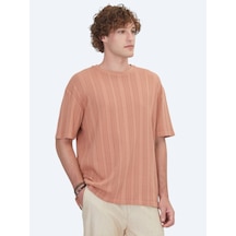 Kip Koyu Somon Çizgili %100 Pamuk T-shirt