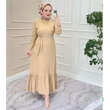Lovie Moda Kadın Eteği Volanlı Elbise Bej