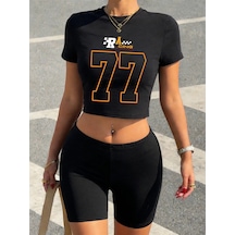 Tarzsokak Sportif Yarış Numarası 77 Baskılar Kırpma T-shirt Şort Kadın Yaz İki Parçalı Set Üstleri Pant Siyah