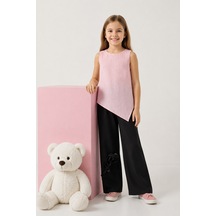Fesshera Kids Kız Çocuk Asimetrik Kesim Bluz Ve Gül Detaylı Bol Paça Pantolon Takım Şık Kombin Pembe