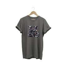 N Harfi Baskılı Motosiklet Kuru Kafa %100 Pamuk Regular Fit Bisiklet Yaka Gri T-shirt Gri