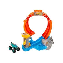 Hot Wheels Oyuncak Monster Trucks Köpekbalığı Oyun Seti, 1:64 Ölçekli Mega-wrex Araç, Çemberin İçinden Geçerek Düşmanı Yenme, Jfr08