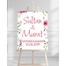 Söz Nişan Düğün İçin 50x70 Karşılama Panosu - Pembe Ren Çiçek Temalı 01 Beyaz