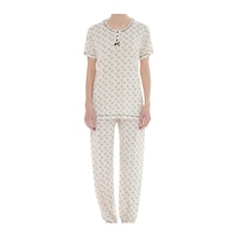 Kadın Desenli Bambu %100 Pamuk Yazlık Kısa Kol Pijama Takımı-geniş Kesim Anne Kalıp Bej