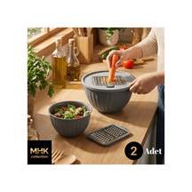 2'li Hazneli Rende Ve Karıştırma Kabı Seti - Kapaklı Sıçratmaz Saklama Kabı - Antrasit 2.5 & 5 Lt Diğer