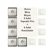 Ovivo Mina Beyaz 5 Adet Topraklı Priz + 5 Adet Komütatör