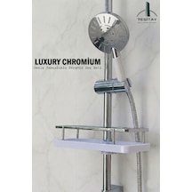 Sürgülü Duş Seti Geniş Şampuanlıklı Banyo Takımı Metalik Renk Beyaz - Krom