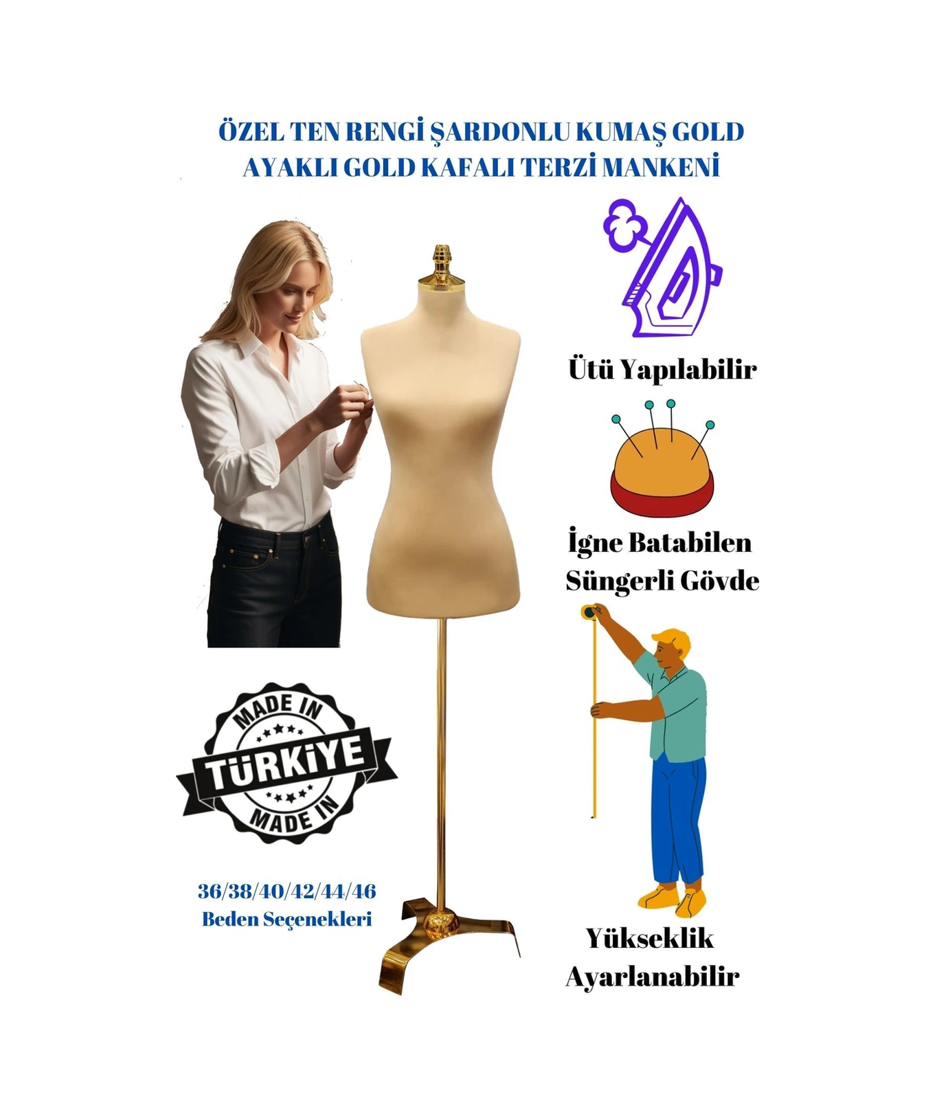 Gold Detaylarla Zarafet-özel Kumaşlı Gold Ayaklı İğne Batabilen Terzi Mankeni 36-38-40-42-44-46 İst9