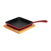 Lava Döküm Mini Kare Izgara Tava Kayın Ahşap Altlıklı Döküm Demir Yekpare Saplı Ölçü 16x16cm.-bordo Bordo