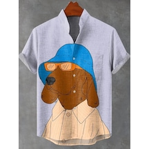 Snapbuy2025 Erkek Yazlık Karikatür Köpek Baskılı Keten Gömlek - Retro Düğmeli Rahat Üstgri Gri