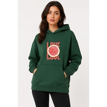 Herkesemoda Portakal Dilimi Baskılı Kapüşonlu 2 İplik Şardonlu Sweatshirt Yeşil