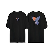Thewert Unisex Sunflower Headed Bird Ön Arka Baskılı Sıyah Oversize T-shirt Siyah