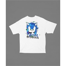 Sonic The Hedgehog Baskılı Unisex Tişört, Oversize Çizgi Film Tiş Beyaz