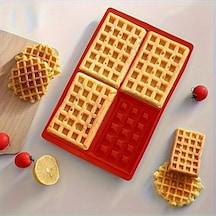 Silikon Fırın Tepsisi 4 Delikli Waffle Kalıbı, Kek Waffle Yapma Tepsisi Kalıbı Kırmızı