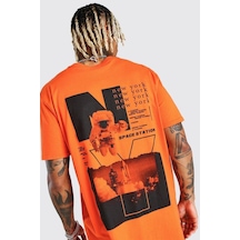 Flood Of Style Erkek Turuncu New York Baskılı Oversize Tshirt