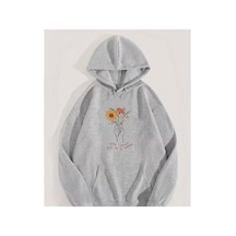 Herkesemoda Grow Through Baskı Detaylı İçi Polarlı Kapüşonlu Sweatshirt Gri