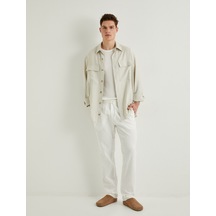 Koton Keten Pantolon Chino Beli Bağcıklı Cep Detaylı Beyaz Desenli 4sam40240hw Beyaz
