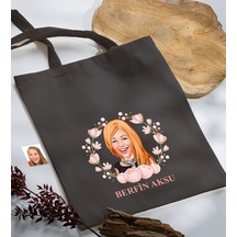 Bk Gift Kişiye Özel Anneler Günü Karikatürlü Antrasit Kumaş Bez Çanta, Baskılı Omuz Çantası, Alışveriş Çantası, Anneye Hediye-3 Antrasit
