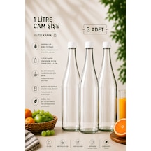 3 Adet Şerbetlik Beyaz Plastik Kapaklı Cam Şişe 1 Litre Şeffaf Sürahi Süt, Ayran, Su, Limonata Meşrubat Şişesi