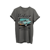 Vintage Motors Yazılı Retro Araba Baskılı %100 Pamuk Regular Fit Unisex T-shirt Gri