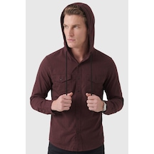 Rizzup Mürdüm Kapüşonlu Likralı Kot Gömlek Slim Fit Çıt Çıt Kapamalı Erkek Gömlek 2300396