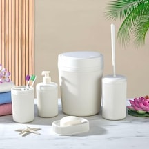 5 Parça Lüx Plastik Banyo Seti - Çöp Kovalı, Diş Fırçalıklı, Sıvı Ve Katı Sabunluk Antibakteriyel Fırça - Krem- 000 Açık Krem