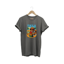 Summer Yazlık Tekila Yazı Baskılı %100 Pamuk Regular Fit Premium Gri T-shirt Gri
